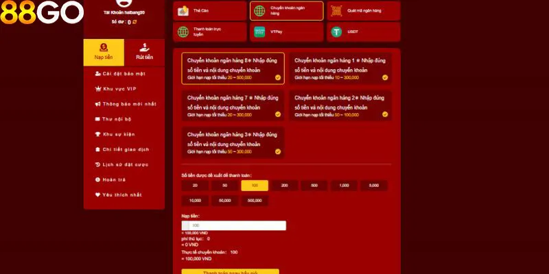 Nạp tiền qua ngân hàng địa phương tại 88GO