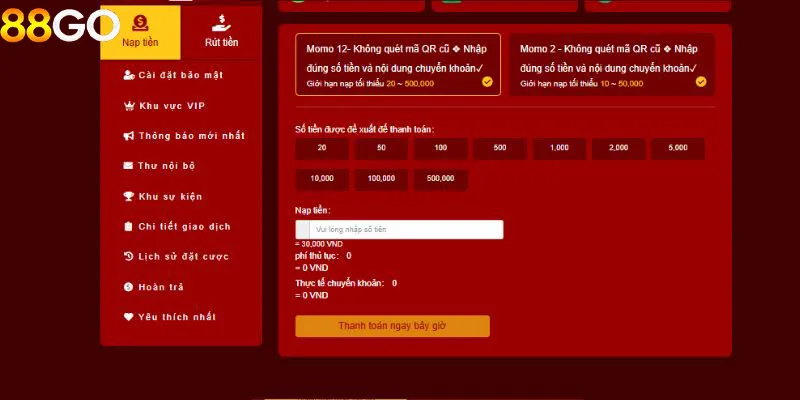 Nạp tiền 88GO qua ví điện tử